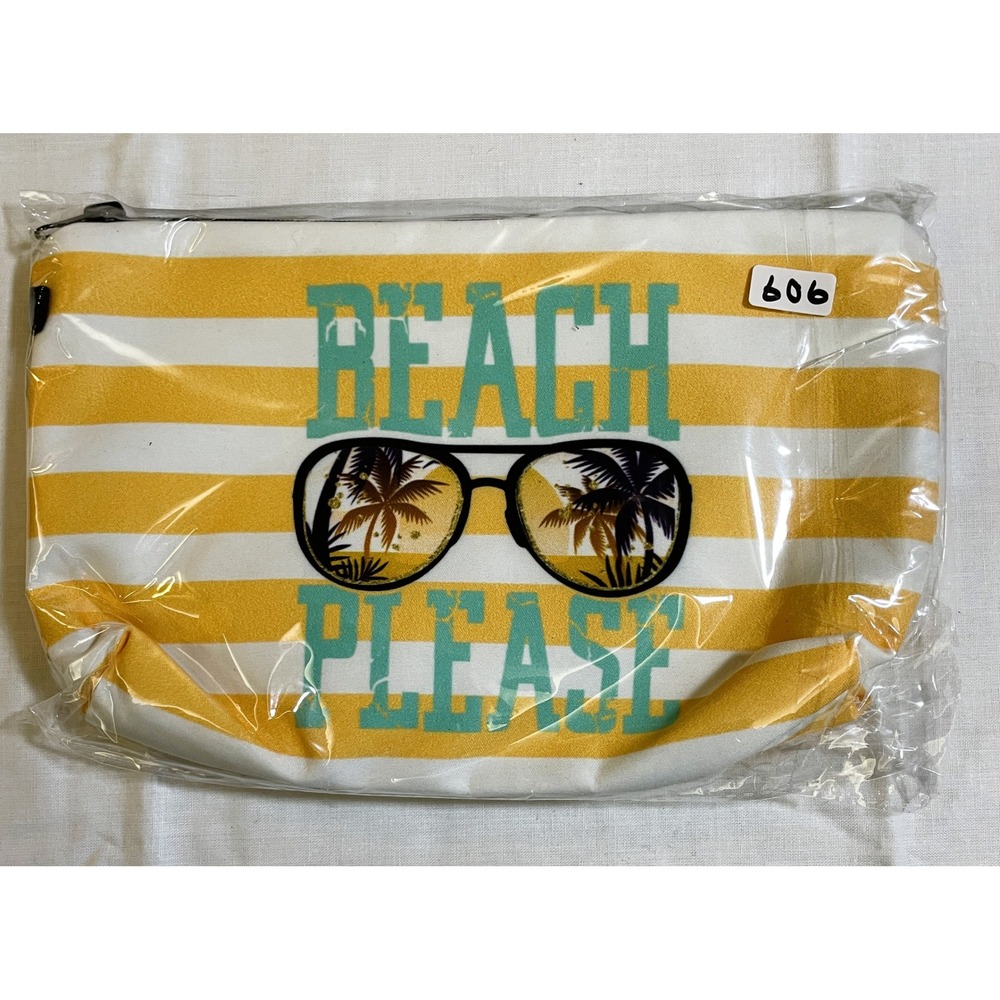 The Pouch Cosmetic Bag Womens OS Yellow White NWT Beach Please Striped Travel